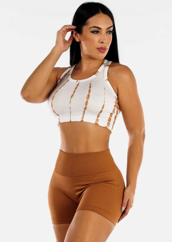 Ribbed Tie Dye Seamless Active Cropped Top White & Brown sold by Moda