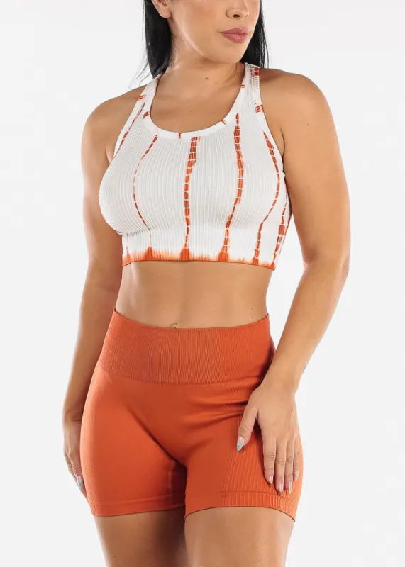 Ribbed Tie Dye Seamless Active Cropped Top White & Orange sold by Moda