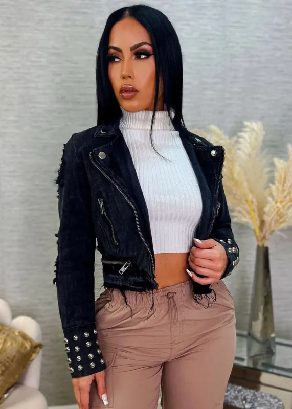 Black Distressed Moto Denim Jacket w Studs Detail sold by Moda