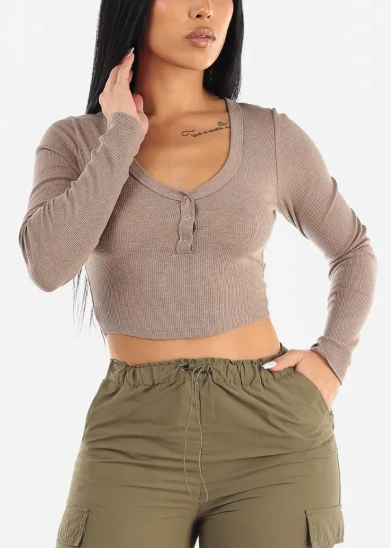 Long Sleeve Ribbed Crop Top Mocha w Snap Button Neckline sold by Moda