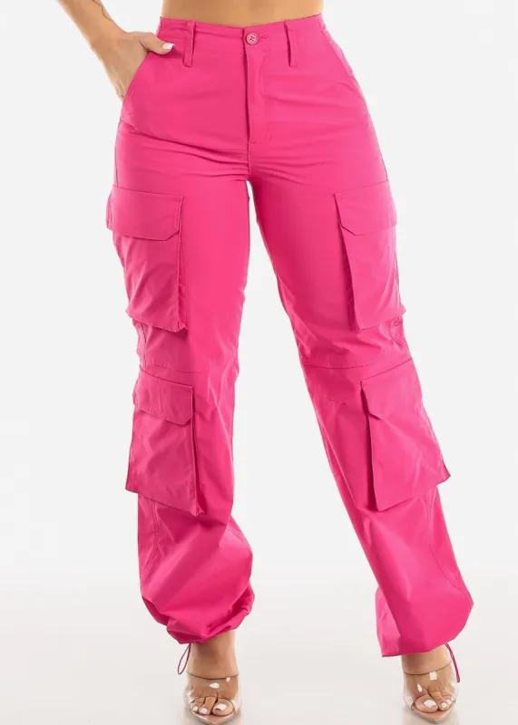 Fuchsia High Waist Utility Cargo Pants w Adjustable Drawstring Hem sold by Moda