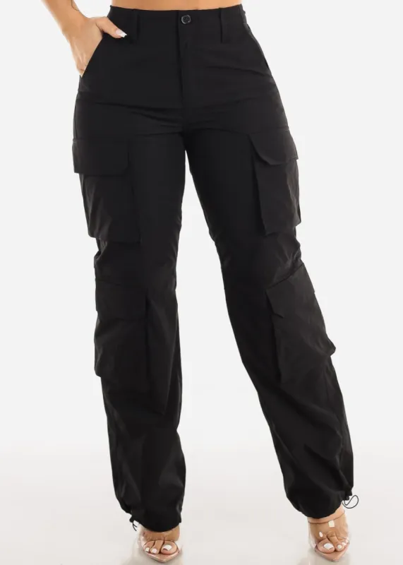 Black High Waist Utility Cargo Pants w Adjustable Drawstring Hem sold by Moda