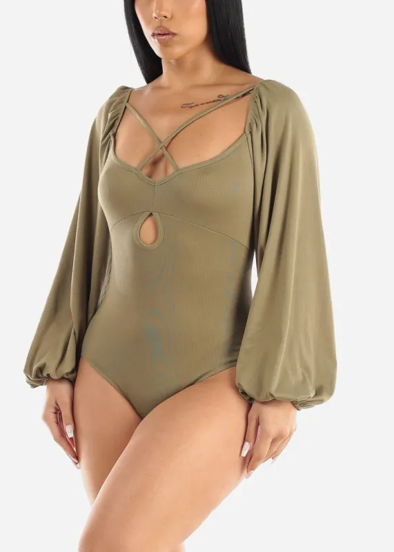 Long Sleeve Strappy Neckline Bodysuit Light Olive sold by Moda