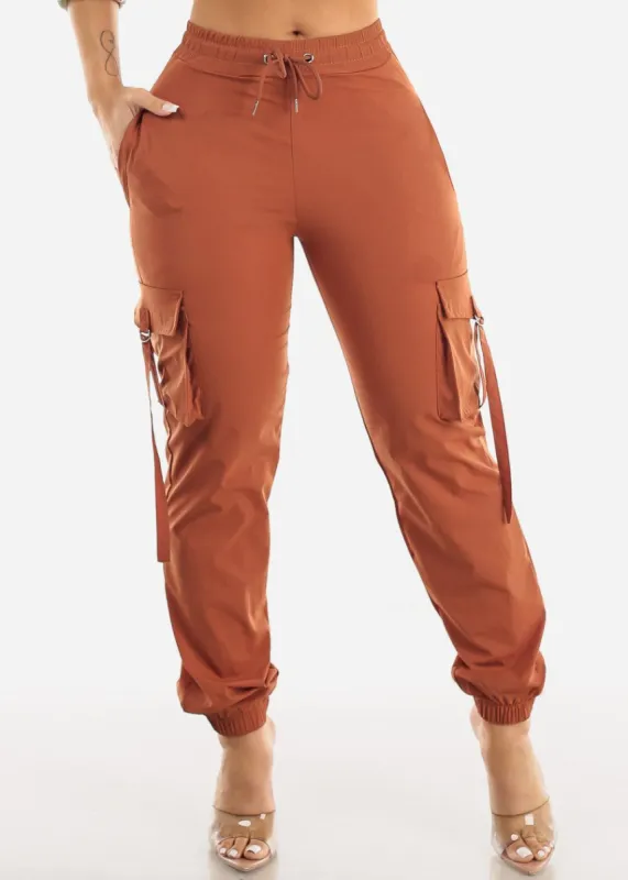 High Drawstring Waist Nylon Cargo Jogger Pants Rust sold by Moda