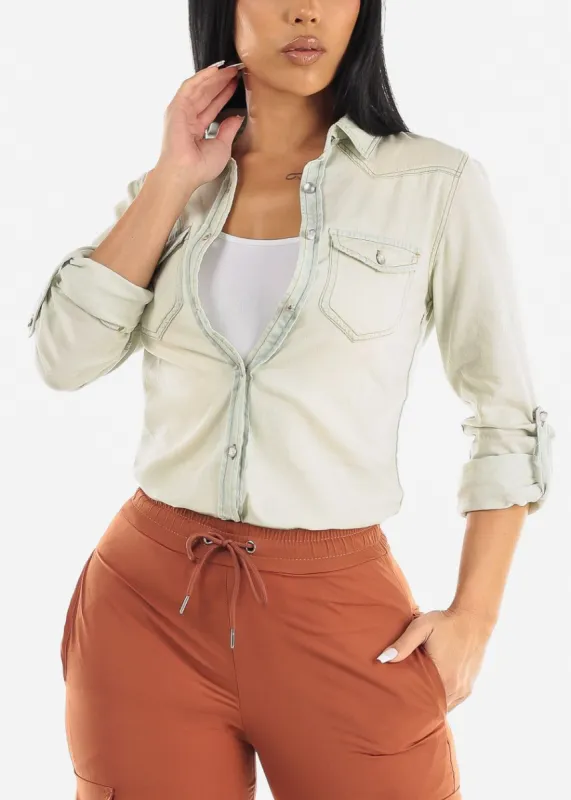Button Up Long Sleeve Light Denim Shirt sold by Moda