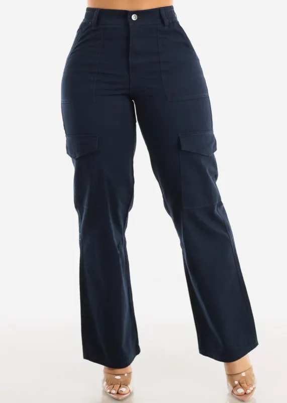Navy Wide Leg Cotton Twill Cargo Pants sold by Moda