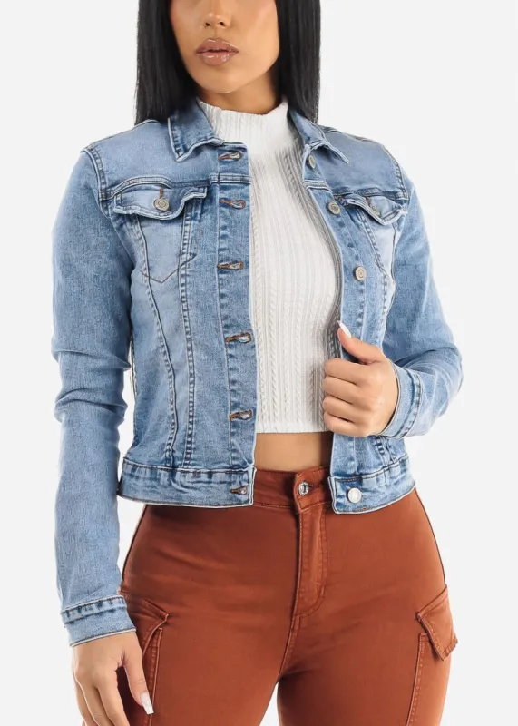 Long Sleeve Button Up Light Denim Jacket sold by Moda