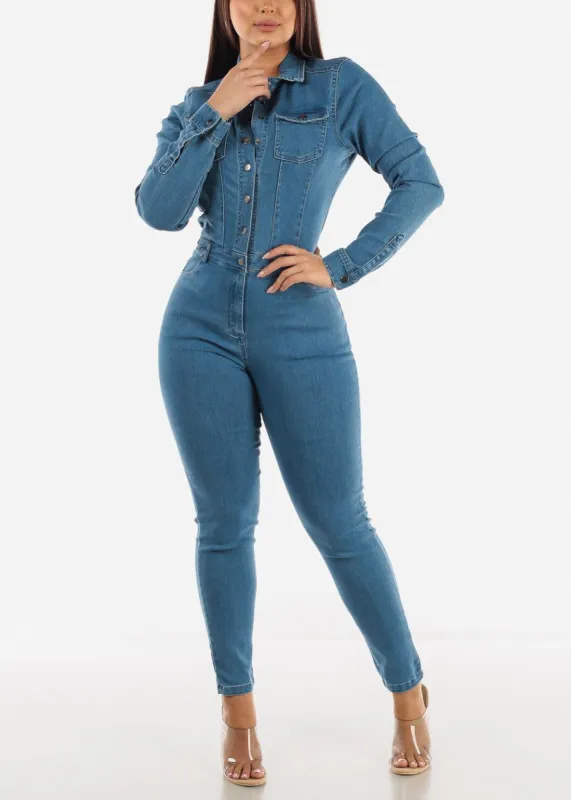 Long Sleeve Med Wash Denim Jumpsuit sold by Moda