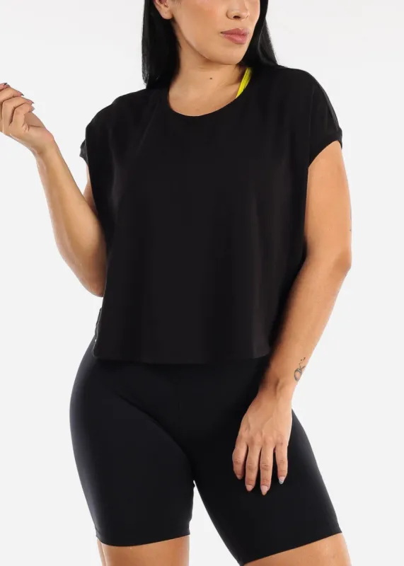 MONO B Black Activewear Cap Sleeve Cropped Boxy Tee sold by Moda