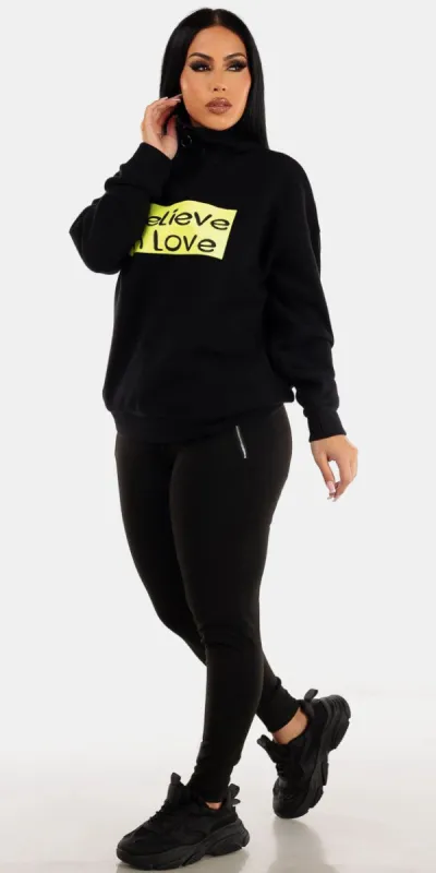 Black High Waisted Jogger Pants with Black Mock Neck Half Zip Up Graphic Pullover sold by Moda