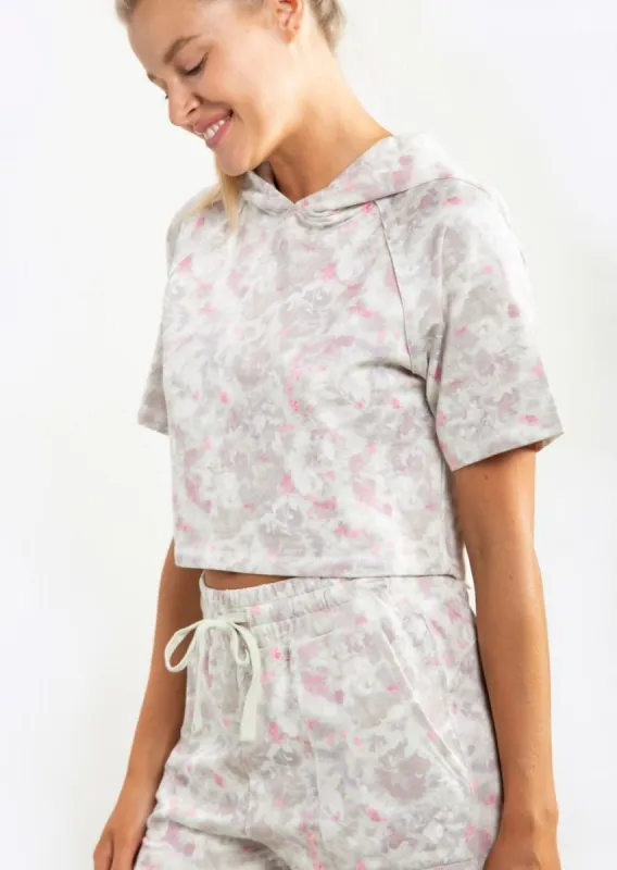 MONO B Activewear Short Sleeve Floral Cropped Hoodie sold by Moda