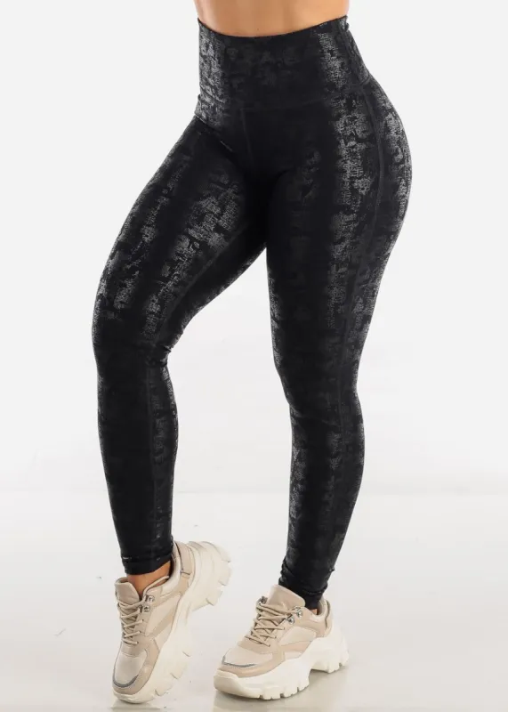 MONO B Black High Waisted Metallic Printed Workout Leggings made by Moda