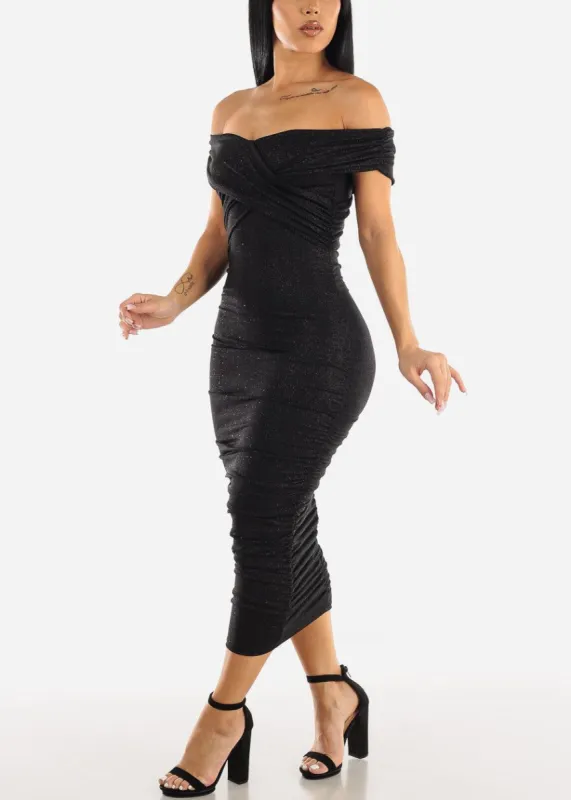 Sexy Shiny Black Off Shoulder Ruched Stretchy Midi Dress sold by Moda