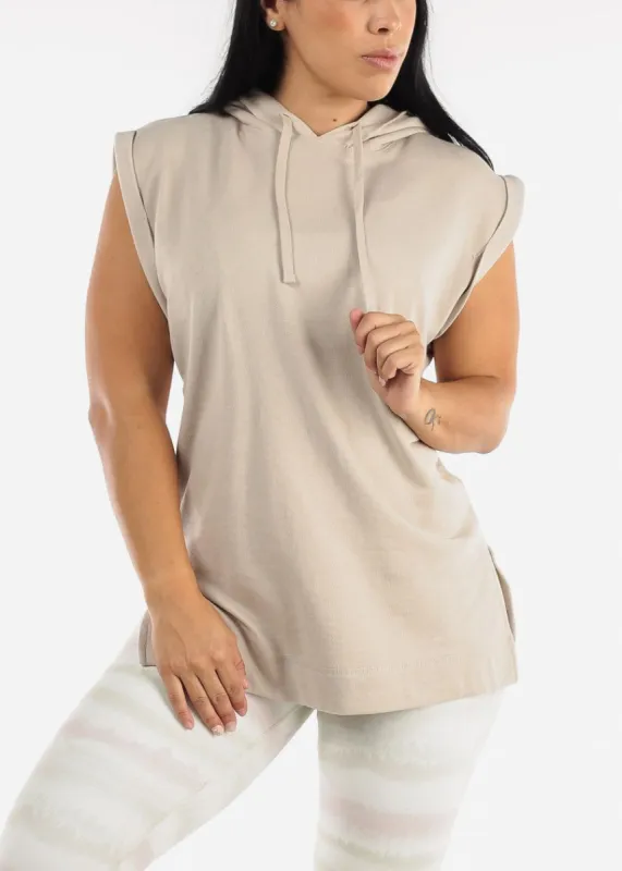 MONO B Activewear Cap Sleeve Pullover Hoodie Beige sold by Moda