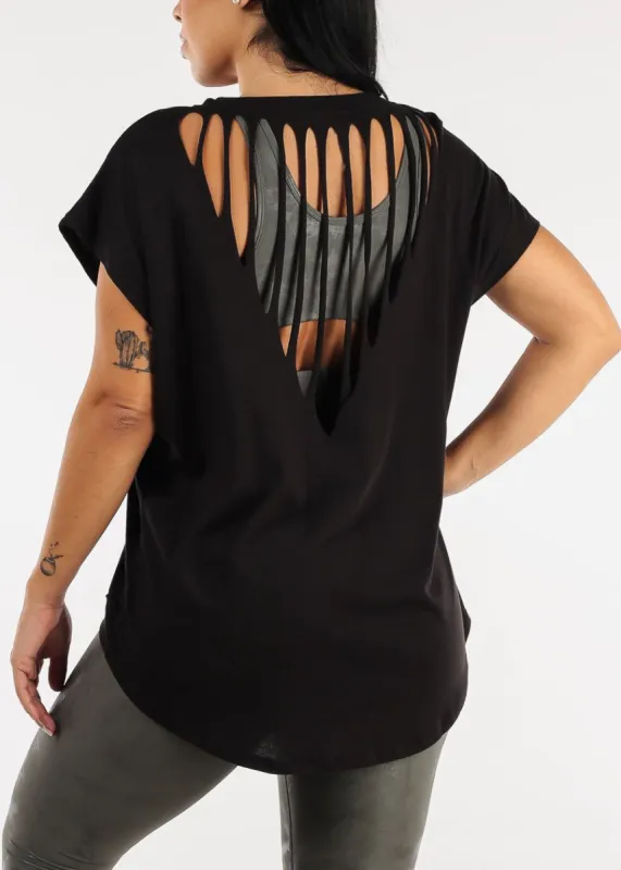 MONO B Black Cut Out Back Athleisure Cap Sleeve Top sold by Moda
