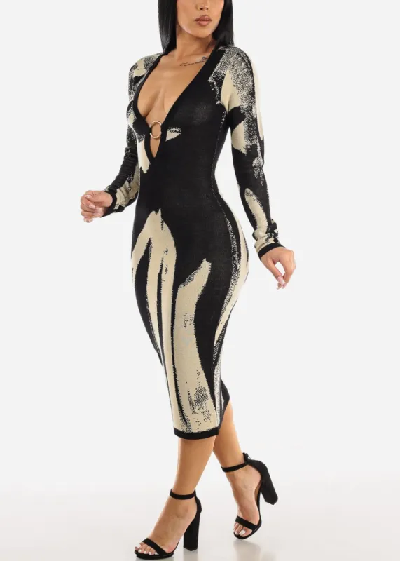 Long Sleeve Printed Stretchy Midi Sweater Dress sold by Moda