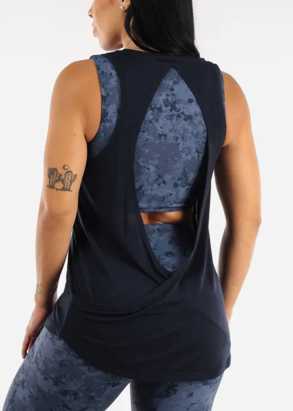Navy Open Overlay Back Athleisure Tank Top sold by Moda