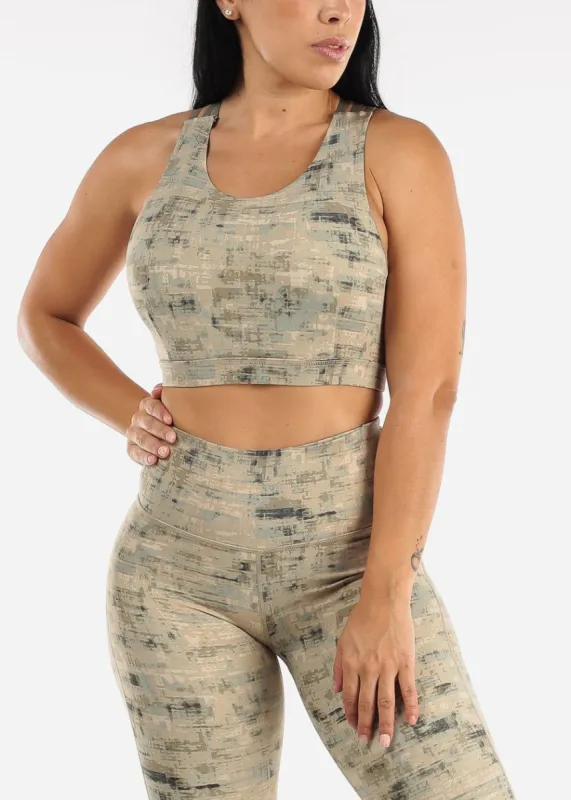 MONO B Criss Cross Back Sports Bra Printed Beige & Olive sold by Moda