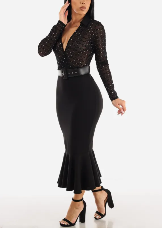 Black Mesh Top Peplum Skirt Bottom Sexy Dress w Belt sold by Moda