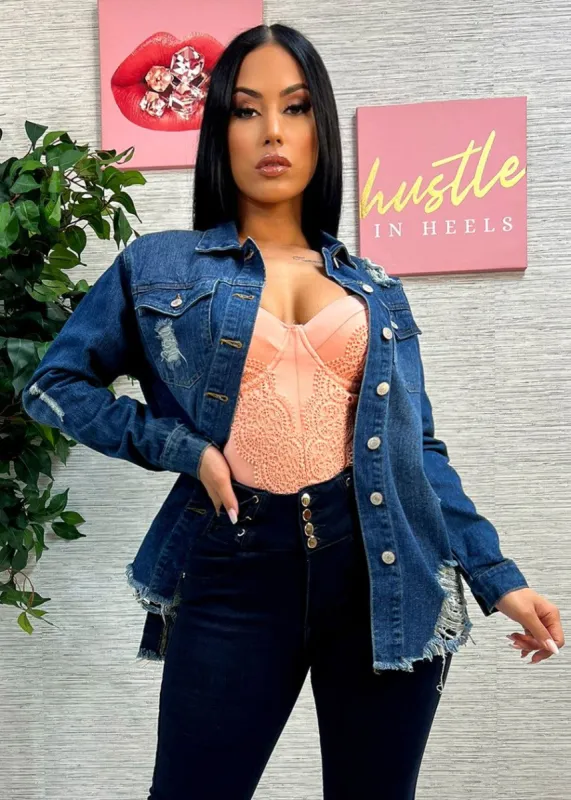 Distressed Dark Blue Jean Shacket sold by Moda