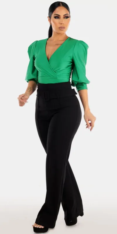 Black Straight Wide Leg Green Bodysuit Set sold by Moda