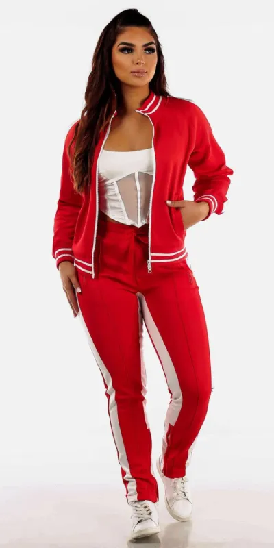 Red Zip Up Tracksuit with White Crop Top sold by Moda
