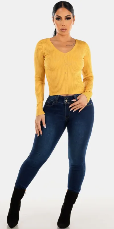 Dark Wash Levantacola Skinny Jeans with Yellow Long Sleeve Vneck Sweater Top sold by Moda