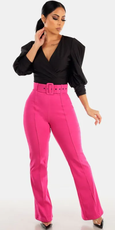 Fuchsia Wide Leg Black Bodysuit Set sold by Moda