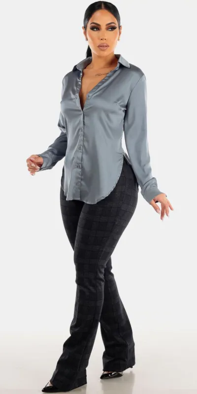 High Waisted Plaid Bootcut Dress Pants with Slit Sides Blue Satin Collared Blouse sold by Moda