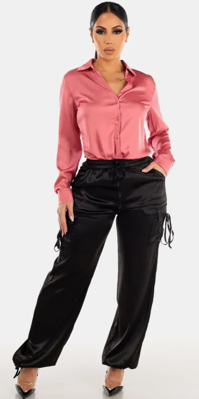 Black High Waist Satin cargo Pants with Satin Long Sleeve Mauve Collared Blouse sold by Moda
