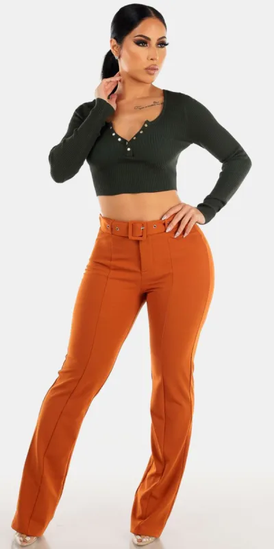 Camel High Rise Wide Leg Dressy Pants with Long Sleeve Green Cropped Sweater Top sold by Moda