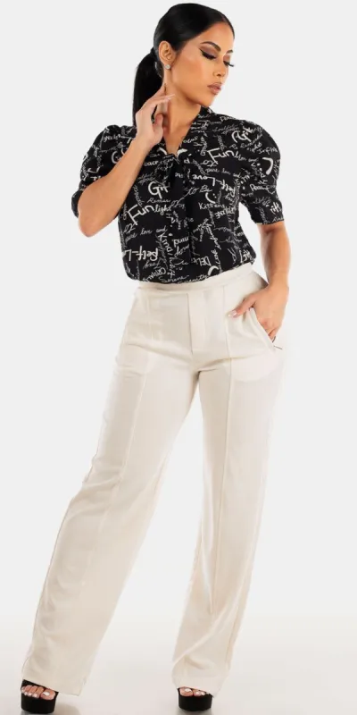 Cream Wide Leg Black Blouse Set sold by Moda