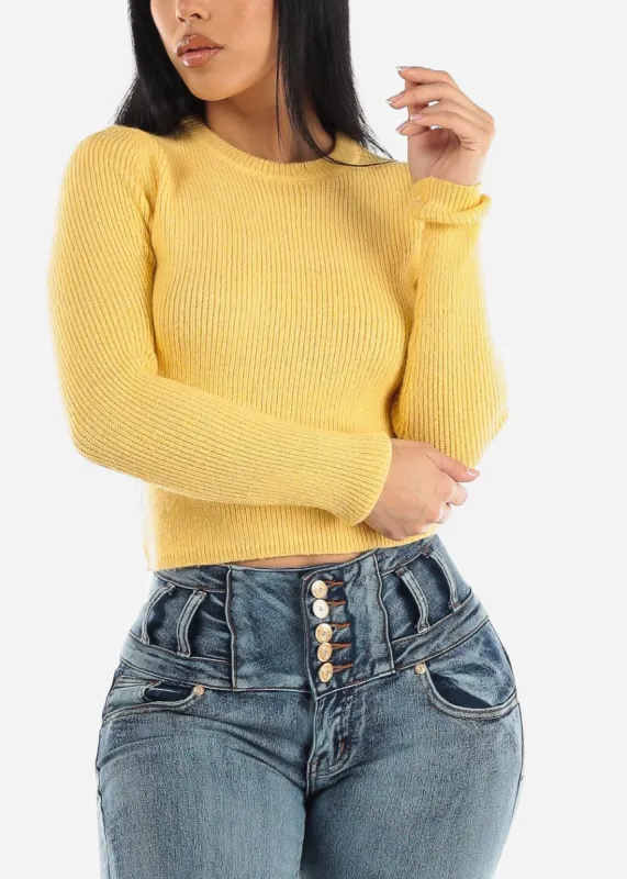 Knitted Long Sleeve Cropped Sweater Yellow sold by Moda