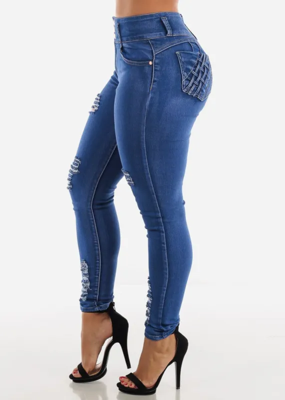 Ripped Butt Lift Skinny Jeans Sand Wash w Braided Pockets sold by Moda