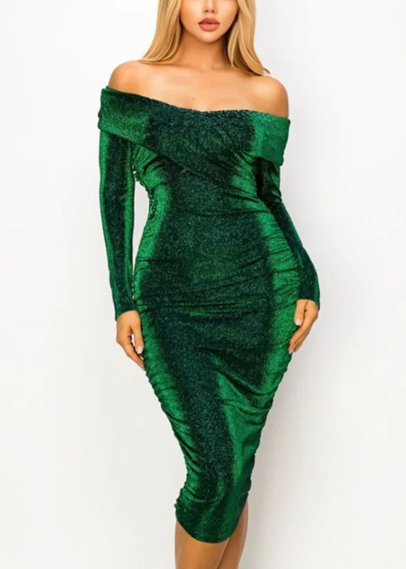 Sexy Off Shoulder Green Shimmery Stretchy Ruched Midi Dress sold by Moda