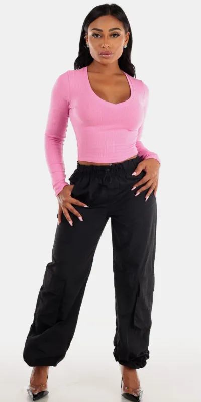 Black Lightweight Cargo Pants with Pink Vneck Long Sleeve Crop Top sold by Moda