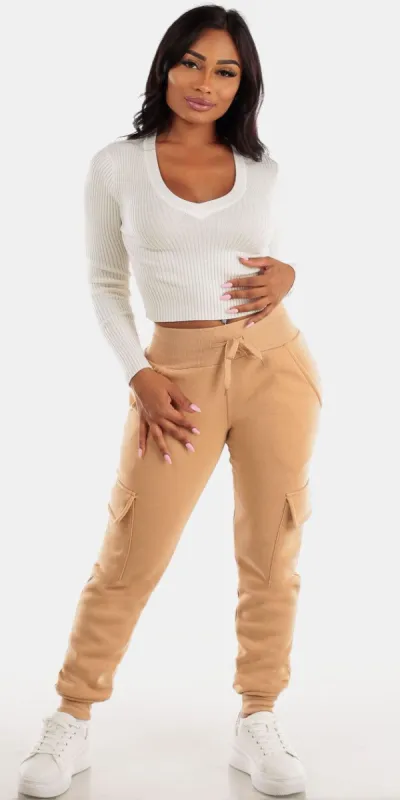 Fleece High Waist Khaki Cargo Sweatpants with Vneck Long Sleeve White Cropped Sweater sold by Moda
