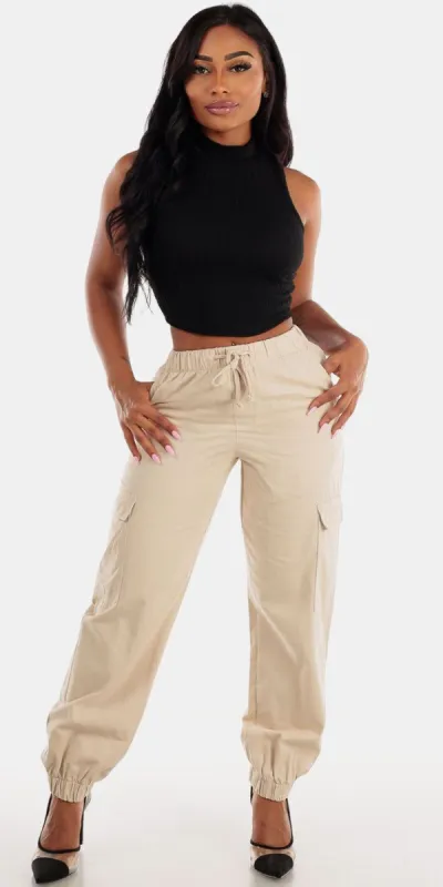 Drawstring Waist Khaki Cotton Jogger Pants with Black Sleeveless Mock Neck Crop Top sold by Moda