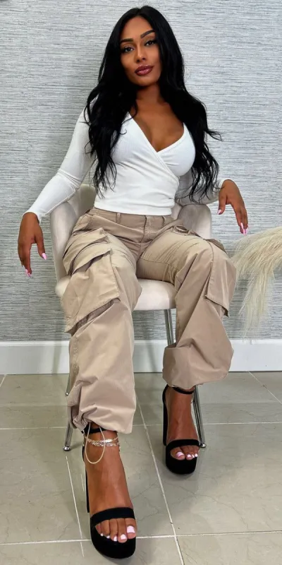 Khaki Utility Cargo Crop Top Set sold by Moda