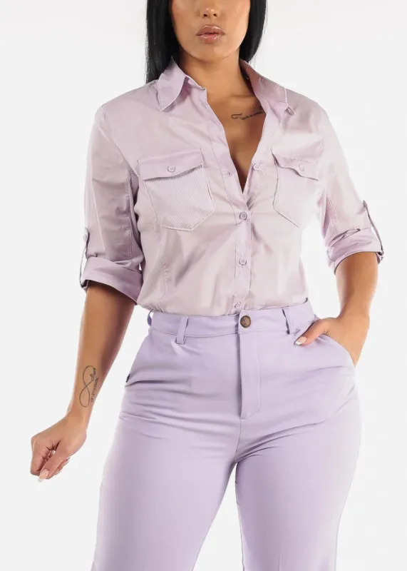 Quarter Sleeve Button Up Shirt Lilac w Contrast Panel sold by Moda