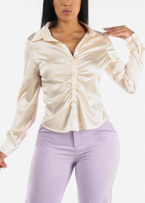 Long Sleeve Button Satin Blouse Ivory w Ruched Front sold by Moda