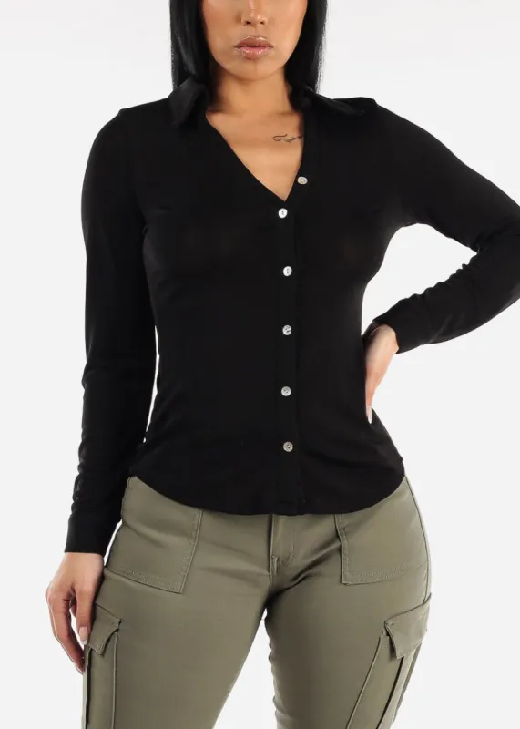 Long Sleeved Button Down Collared Blouse Black sold by Moda