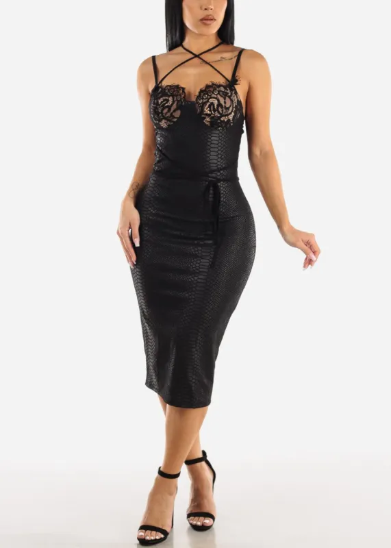 Strappy Lace Bust Vegan Leather Midi Dress sold by Moda