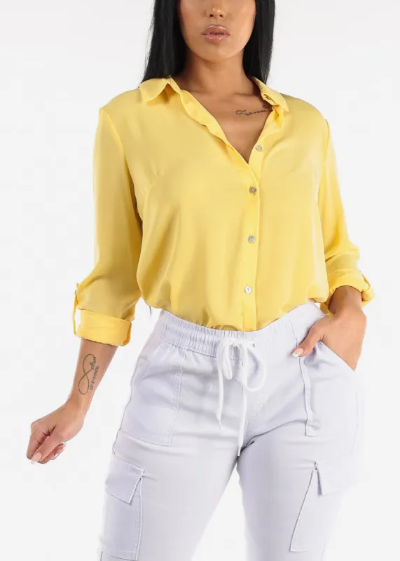 Button Down Collared Long Sleeve Blouse Yellow sold by Moda