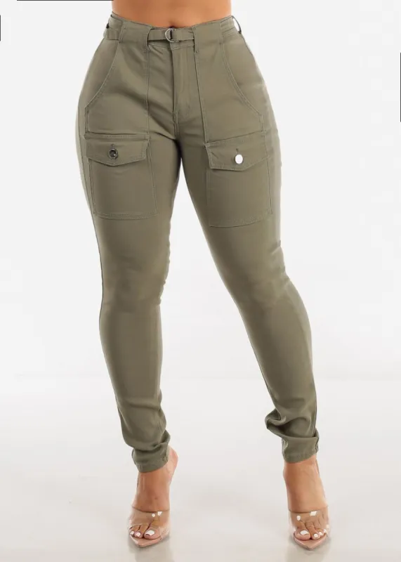 Olive Hyper Stretch Cargo Skinny Pants with Belt sold by Moda