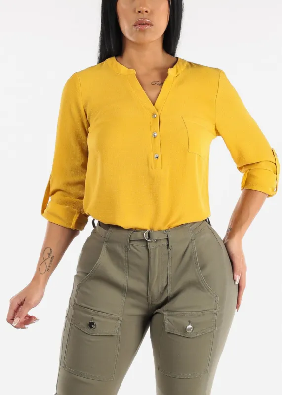 Long Sleeve Blouse Mustard w Front Half Placket sold by Moda