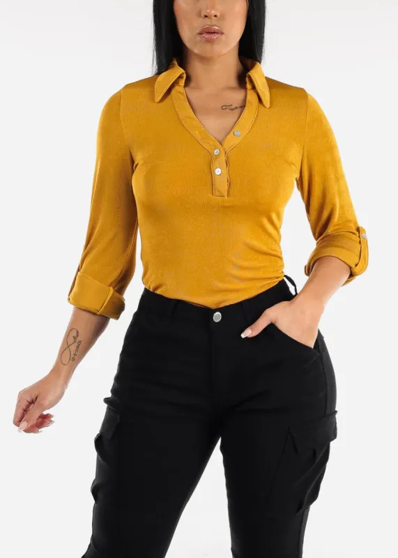 Long Sleeve Slinky Fitted Blouse Mustard sold by Moda