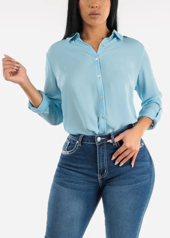 Button Down Collared Long Sleeve Blouse Light Blue sold by Moda