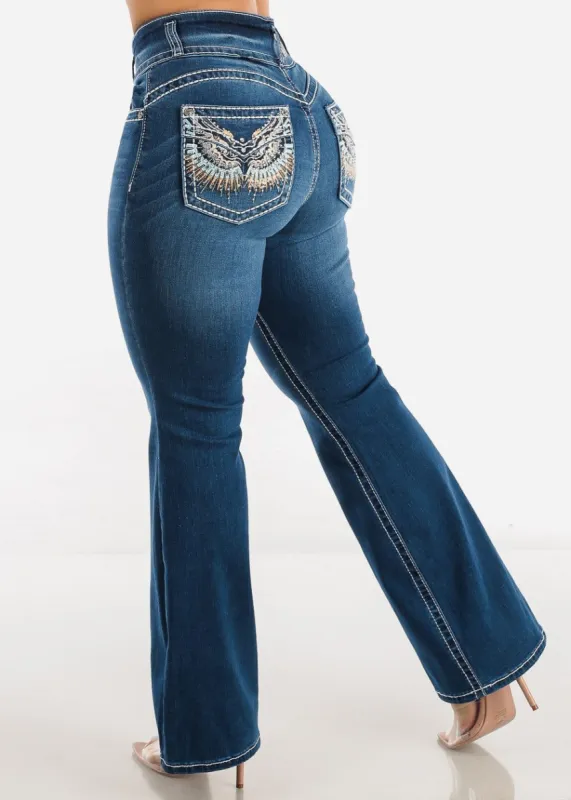 Super High Waisted Flared Bootcut Jeans w Back Pocket Design sold by Moda