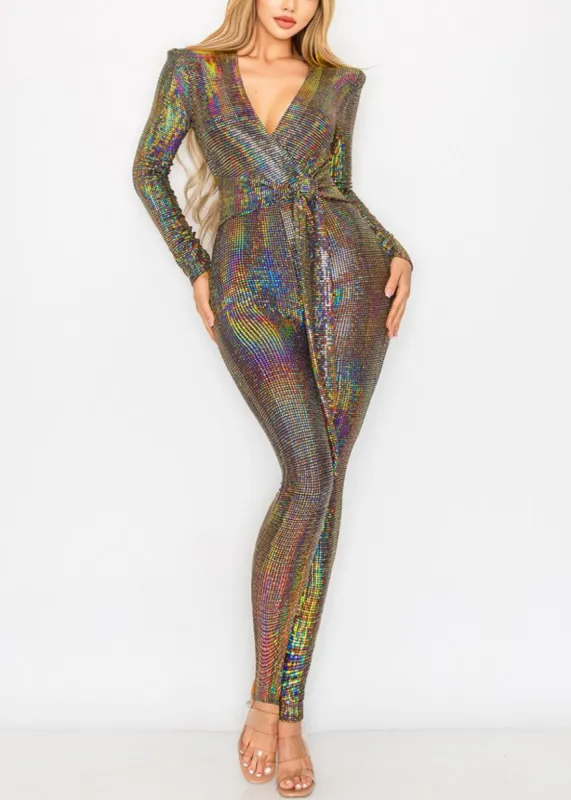 Sexy Metallic Long Sleeve Stretch Jumpsuit w Belt sold by Moda